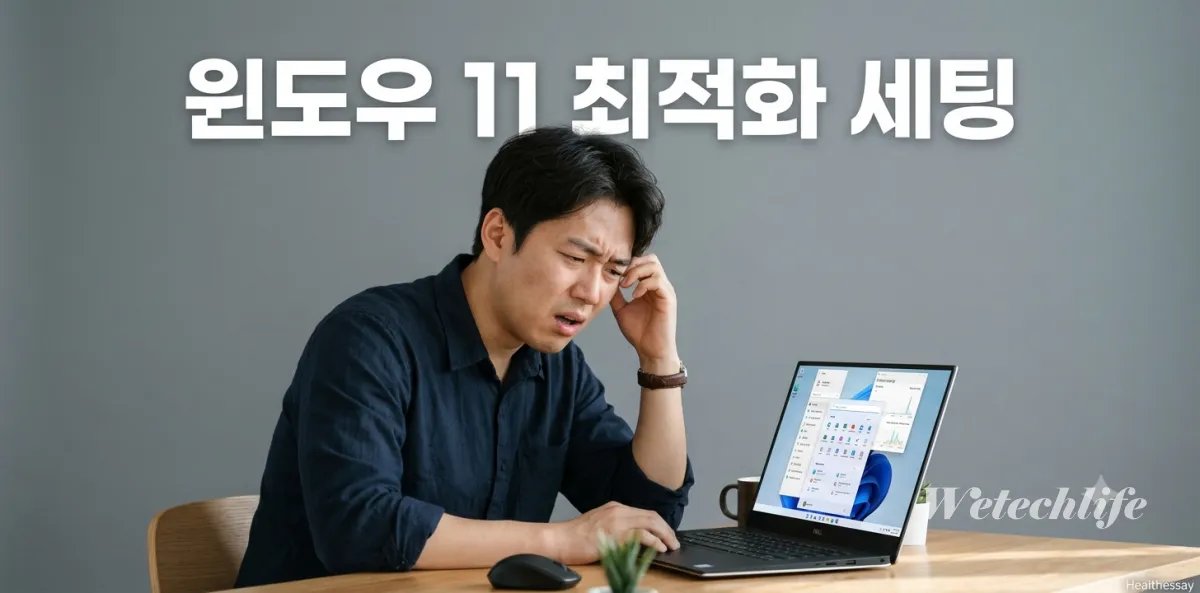 남성이 노트북 화면을 바라보며 윈도우 11 최적화 세팅 방법을 고민하는 모습